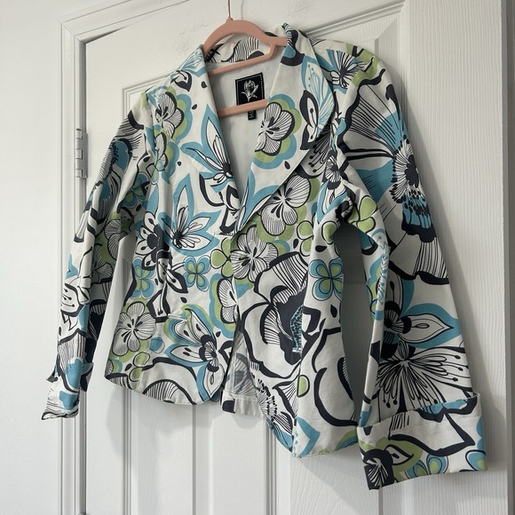 Abbie Mags Women's Size Medium‎ 100% Cotton Floral Blazer White Blue Green - Picture 2 of 10